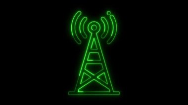 Parlayan neon sinyal kulesi zararlı sinyal dalgaları yayıyor yeşil renk, Radyo kulesi simgesi elemanları neon animasyon konsepti