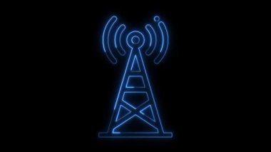 Parlayan neon sinyal kulesi zararlı sinyal dalgaları yayıyor mavi renk, Radyo kulesi simgesi elemanları neon animasyon konsepti