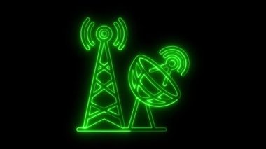 Parlayan neon telekomünikasyon simgesi, kule sinyal ikonu yeşil renk animasyonu, ağ istasyonu simgesi canlandırması
