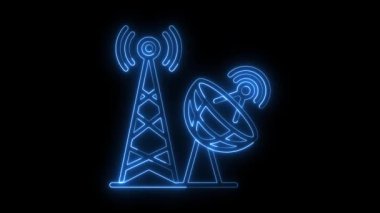 Parlayan neon telekomünikasyon simgesi, kule sinyal simgesi mavi renk animasyonu, ağ istasyonu simgesi canlandırması