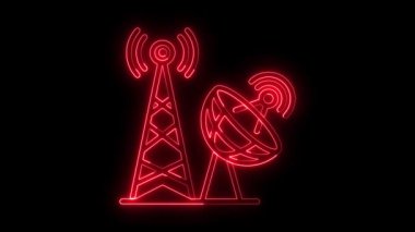 Parlayan neon telekomünikasyon simgesi, kule sinyal simgesi kırmızı renk animasyonu, ağ istasyonu simgesi canlandırması