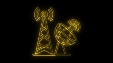 Parlayan neon telekomünikasyon simgesi, kule sinyal sarı renkli animasyon, ağ istasyonu simgesi canlandırması