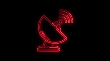 Neon Line uydu anten animasyonu, TV istasyonu iletişim kırmızı rengini temsil ediyor, Radyo anten simgesi internet sinyal kavramını vurguluyor