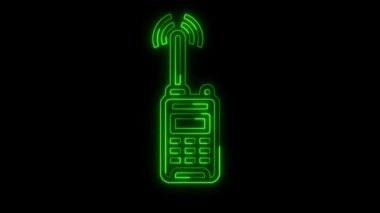 Neon parlayan telsiz radyo dalgaları ile veri transferi yeşil renkli animasyon, modern radyo telefonu telsizi ikon konsepti