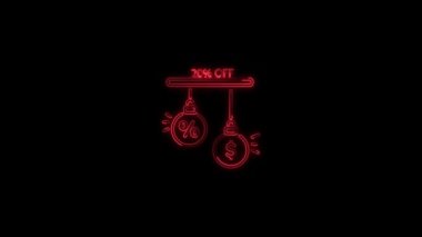 Parlak neon% 20 indirimli veya tüp ışığı ve dolar işareti animasyon kırmızı rengi ile indirimli, neon metin animasyon konsepti% 20 indirimli
