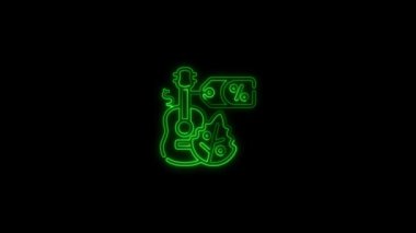Parlak neon çizgisi gitar animasyonu, gitar satışı animasyonu yeşil renk, çizgi tasarımı izole müzik neon ikonu, neon gitar ikonu animasyonu