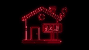 Satış etiketi simgesi simgesi kırmızı renk, parıldayan ev satışı animasyon konsepti ile parlayan Neon ev simgesi