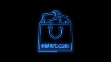 Parlayan neon poşet ikonu animasyonu izole edilmiş mavi renk, çevrimiçi dükkan, alışveriş çantası ikonu neon animasyon konsepti