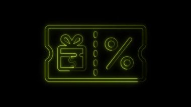 Parlak neon çizgi kupon simgesi yüzdesi ve dolar işareti sarı renk animasyonu, kupon simgesi konsepti