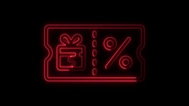 Yüzde ve dolar işareti kırmızı renk animasyonu ile parlayan neon çizgi kupon ikonu, kupon simgesi konsepti
