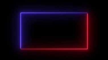 Parlayan neon soyut dikdörtgen şekil çizgi animasyon kırmızı ve mavi renk, neon dikdörtgen kenarlık çerçeve şekli, dikdörtgen parlak ve fütüristik enerji çizgi animasyonu konsepti