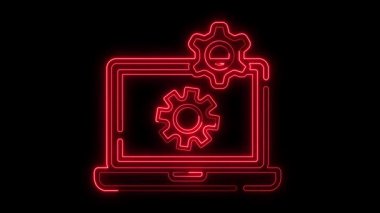 Dizüstü bilgisayar simgesi ile parlayan neon çizgi veri yönetim simgesi ve ayarı simgesi, neon yönetimi, simge konsepti