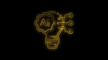 Parlak neon hattı ampul ve vites simgesi ve AI metin izole yenilik, neon icat konsepti
