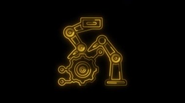 Parlak neon hattı Endüstriyel robot neon ikon animasyonu, Döngülenmiş Neon çizgileri vites simgesi konseptli soyut Robotik simgesi
