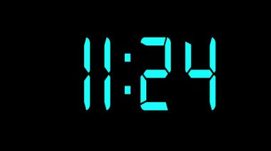 Dijital saat animasyonuyla gece yarısına geri sayım, dijital saat göstergesi 11: 00 konseptine bir dakika kala, zamanlayıcı dakikalar ve saniyeler geriye sayıyor.