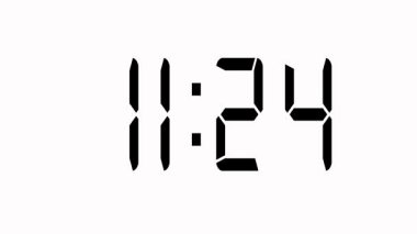 Dijital saat animasyonuyla gece yarısına geri sayım, dijital saat göstergesi 11: 00 konseptine bir dakika kala, zamanlayıcı dakikalar ve saniyeler geriye sayıyor.
