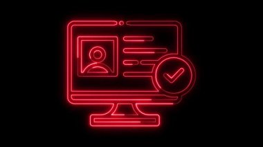 Parlak neon çizgi ID kartı simgesi, kimlik kartı ana hatları neon simgesi, kişisel bilgi neon simgesi ve siyah arkaplan, dijital kimlik simgesi, Ulusal Kimlik Doğrulama izole edildi