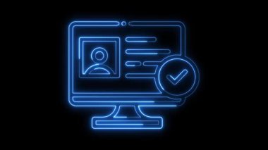 Parlak neon çizgi ID kartı simgesi, kimlik kartı ana hatları neon simgesi, kişisel bilgi neon simgesi ve siyah arkaplan, dijital kimlik simgesi, Ulusal Kimlik Doğrulama izole edildi
