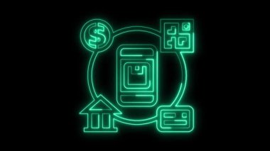 Parlayan neon hattı ödeme kapısı ikon animasyonu, çevrimiçi ödeme, ikon ödeme konsepti