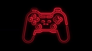 Siyah arkaplanda Neon Animasyon video oyunu denetleyici imzası, Oyun joystick, Konsol oyun alanı denetleyici neon animasyonu, Oyun denetleyici