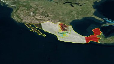 Meksika bayraklı harita animasyonu sınır rengini vurguluyor, Meksika 'nın 3D animasyon haritası, Meksika haritaları üst uzay manzarasından yakınlaşıyor, Dünya haritası Meksika' ya yakınlaşıyor