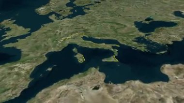 İtalya bayraklı harita animasyonu, işaretlenmiş sınır rengi, 3d İtalya haritası, üst uzay manzarasından yakınlaşan İtalya haritaları, İtalya 'ya Yakınlaşan Dünya Haritası, Ayrıntılı harita