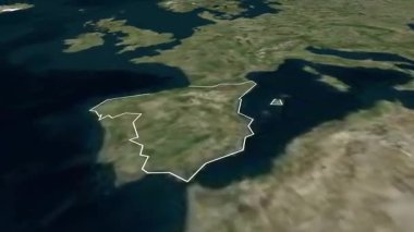 İspanya haritası animasyonu İspanya bayrağı işaretli sınır rengi, 3d animasyon İspanya haritası, üst uzay görünümünden yakınlaşan İspanya haritaları, İspanya 'ya Dünya Haritası Yakınlaşması, Ayrıntılı harita İspanya