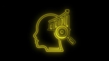 Parlayan neon bilgi simgesi siyah arkaplanda izole edildi, neon bilişsel beceriler ikonu, animasyon zeka beyin ikonu, grafik ve bilgi simgesi animasyonu ile Neon siluet adam kafası