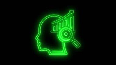 Parlayan neon bilgi simgesi siyah arkaplanda izole edildi, neon bilişsel beceriler ikonu, animasyon zeka beyin ikonu, grafik ve bilgi simgesi animasyonu ile Neon siluet adam kafası