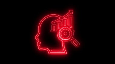 Parlayan neon bilgi simgesi siyah arkaplanda izole edildi, neon bilişsel beceriler ikonu, animasyon zeka beyin ikonu, grafik ve bilgi simgesi animasyonu ile Neon siluet adam kafası