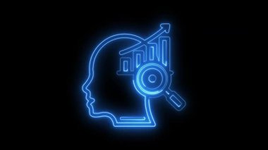 Parlayan neon bilgi simgesi siyah arkaplanda izole edildi, neon bilişsel beceriler ikonu, animasyon zeka beyin ikonu, grafik ve bilgi simgesi animasyonu ile Neon siluet adam kafası