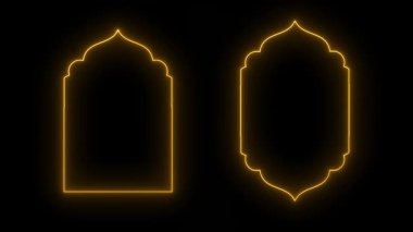 Parlak neon çizgisi İslami pencereler ve kemer animasyon videoları, geleneksel İslami pencere şekilleri doğu tarzı, dekoratif kemerler, cami sınırları veya Fas kapılarının Arap çerçeveleri