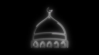 Parlayan neon hattı cami kubbesi, kara zemin üzerine animasyon videosu, cami kapısı kemerleri, İslami süsler, İslami Arap pencereleri animasyon videosu biçimlendiriyor