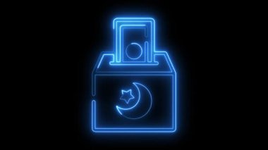 Parlak neon hattı bağış kutusu, Zakat ikon animasyon videosunu simgeliyor, İslami bağış kutusu, neon para veren bir el animasyonu.