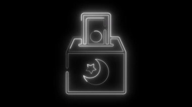 Parlak neon hattı bağış kutusu, Zakat ikon animasyon videosunu simgeliyor, İslami bağış kutusu, neon para veren bir el animasyonu.