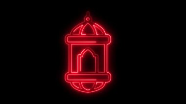 Parlak neon hattı İslami Fener Silueti animasyon videosu, neon fener ikonu, festival, doğum günü, düğün süsü İslami Ramazan Feneri konsepti