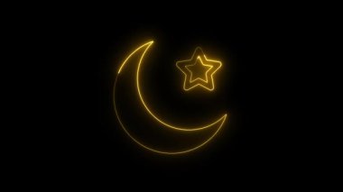 Parlayan neon çizgisi yıldızı ve ay işareti simgesi simgesi simge simgesi kara arkaplan, yıldız ve hilal simgesi simgesi, yıldız simgesi ile parlak ay, neon ışık işareti animasyonu konsepti