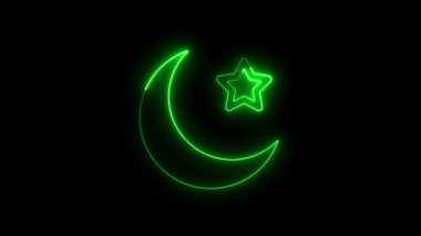 Parlayan neon çizgisi yıldızı ve ay işareti simgesi simgesi simge simgesi kara arkaplan, yıldız ve hilal simgesi simgesi, yıldız simgesi ile parlak ay, neon ışık işareti animasyonu konsepti