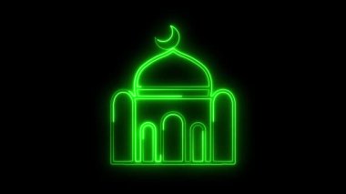 Siyah arkaplanda parlayan neon çizgi orkidesi simgesi simgesi, soyut neon parlayan renk maskesi animasyonu, düz çizgi biçiminde cami simgesi animasyonu