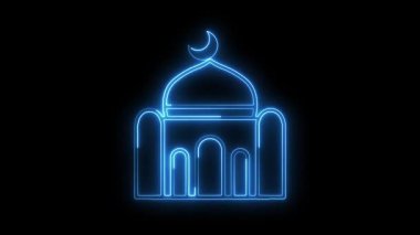 Siyah arkaplanda parlayan neon çizgi orkidesi simgesi simgesi, soyut neon parlayan renk maskesi animasyonu, düz çizgi biçiminde cami simgesi animasyonu