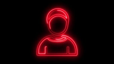 Siyah zemin üzerinde düz çizgi şeklinde parlayan neon çizgisi kadın tesettür ikonu animasyonu, parlayan neon efektli Müslüman kadın ikonu, parlayan neon Müslüman erkek animasyonu