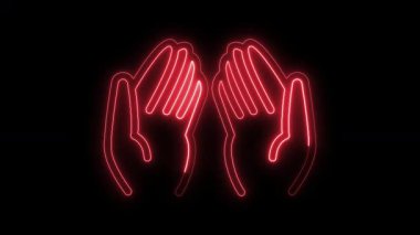 Parlayan Neon İslami dua eden el çizgisi simge animasyonu, Dua 'da el kaldırma, Allah' a, dine ve inanca dua etmek için geleneksel İslami dua hareketi, Dua eden eller