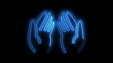 Parlayan Neon İslami dua eden el çizgisi simge animasyonu, Dua 'da el kaldırma, Allah' a, dine ve inanca dua etmek için geleneksel İslami dua hareketi, Dua eden eller