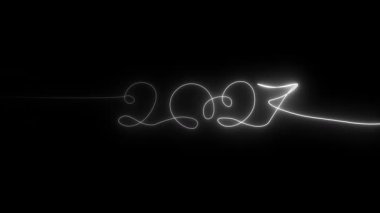 Parlak neon hattı Mutlu yıllar 2027 kesintisiz çizgi çizimi parti kutlama konsepti, neon 2027 yakında siyah arka plan üzerine bir çizgi geliyor