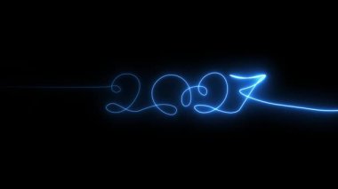 Parlak neon hattı Mutlu yıllar 2027 kesintisiz çizgi çizimi parti kutlama konsepti, neon 2027 yakında siyah arka plan üzerine bir çizgi geliyor
