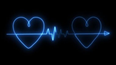 Neon hattı, ok çizgisi ikonlu iki aşk kalbi çiziyor, Love One çizgi çizim konsepti, neon çizgi ok kalbi ikonu, neon çizgi iki aşk sembolü animasyonu siyah arkaplan üzerine.