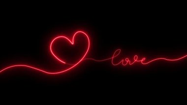 Parlak neon hattı kalp aşk simgesi animasyonu siyah arkaplan üzerinde, Love One çizgi çizim konsepti, neon aşk satırı kalp simgesi aşk metni, Love Metin simgeleri animasyonu