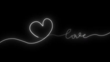 Parlak neon hattı kalp aşk simgesi animasyonu siyah arkaplan üzerinde, Love One çizgi çizim konsepti, neon aşk satırı kalp simgesi aşk metni, Love Metin simgeleri animasyonu