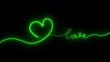 Parlak neon hattı kalp aşk simgesi animasyonu siyah arkaplan üzerinde, Love One çizgi çizim konsepti, neon aşk satırı kalp simgesi aşk metni, Love Metin simgeleri animasyonu