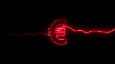 Parlak neon ışığı tek bir sürekli çizgi avro para birimi işareti çiziyor, tek bir çizgi neon ışığı avro para birimi çiziyor, neon para birimi kavramı sürekli çizgi çiziyor